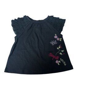 Baby Gap Girls Black Top With Ruffled Sleeves & Embroidered Floral And Dragonfly